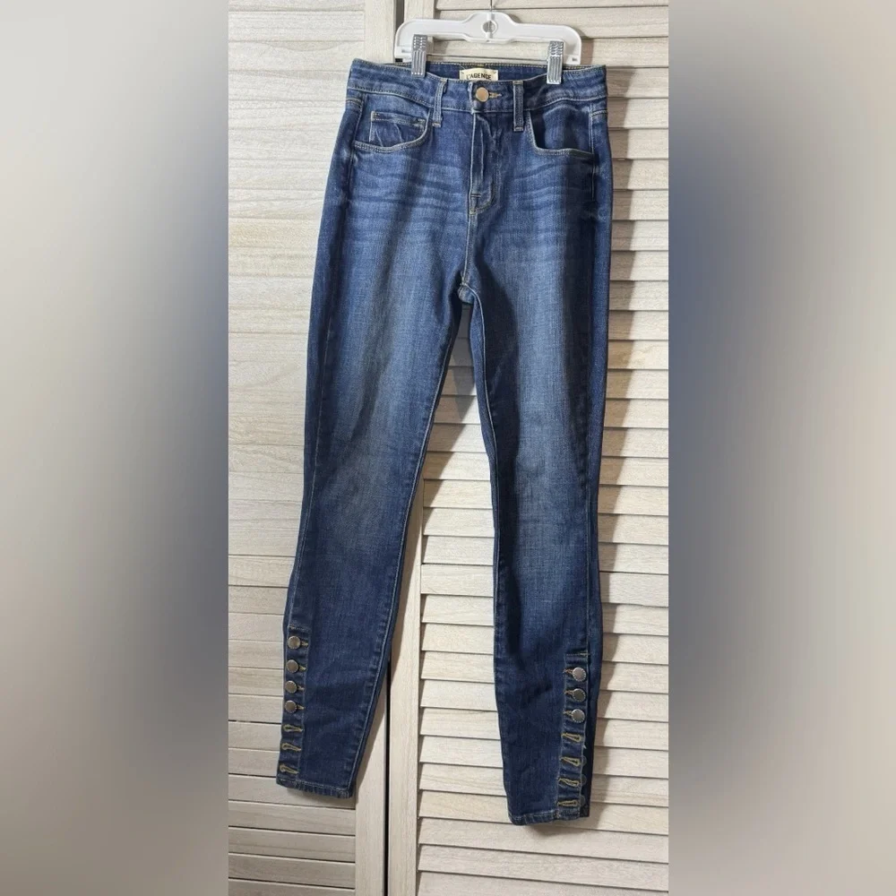 L’Agence Skinny Jeans Button Hem Designer Denim Stretch Blue Jeans Size 24